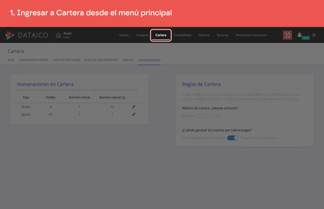 La pestaña Cartera del menú principal