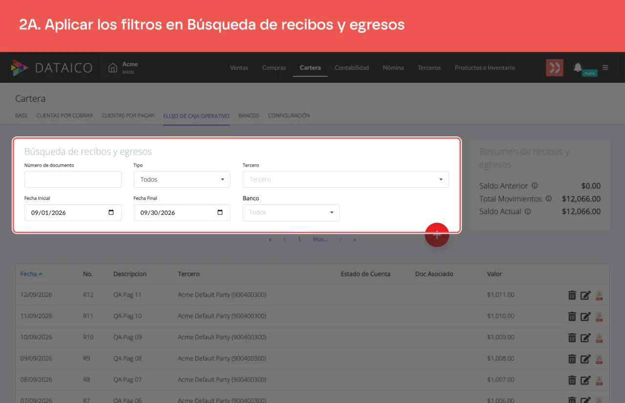 El panel de filtros, con número de documento, tipo, tercero, banco y el rango de fechas