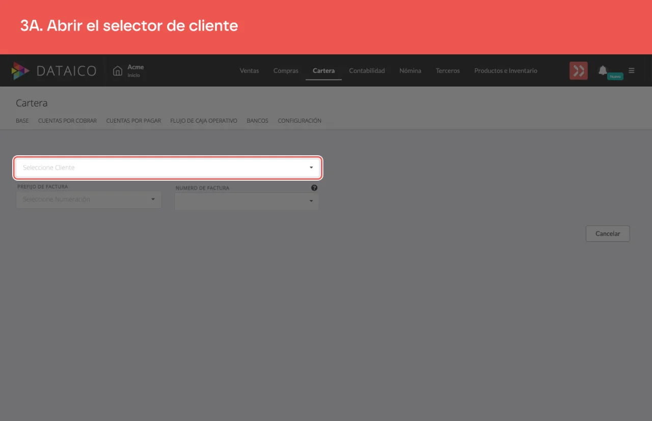 El selector de cliente, primero del formulario de la cuenta manual