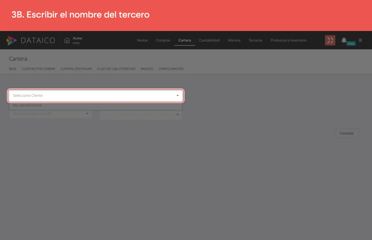 El selector de cliente: la lista se arma con lo que se escribe