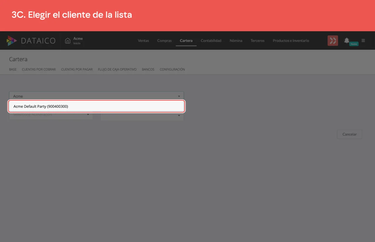 El cliente elegido en la lista de terceros de la empresa