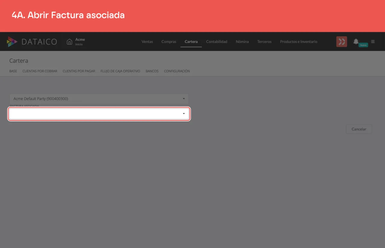El selector Factura asociada, que lista las facturas existentes del tercero
