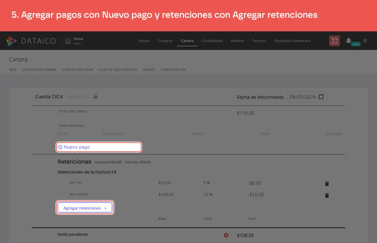 Los dos bloques de la cuenta: Nuevo pago para los recibos y Agregar retenciones para las retenciones