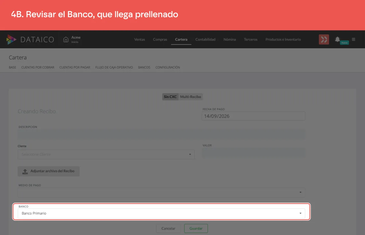 El campo Banco con el banco predeterminado de la empresa ya seleccionado