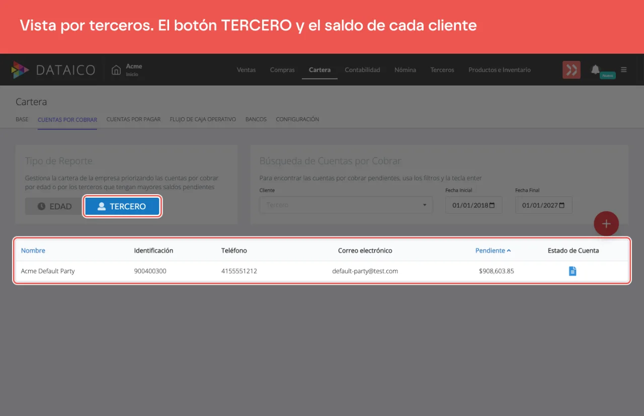 Cuentas por Cobrar en la vista por terceros: el botón TERCERO activo y el listado agrupado por cliente con su saldo pendiente