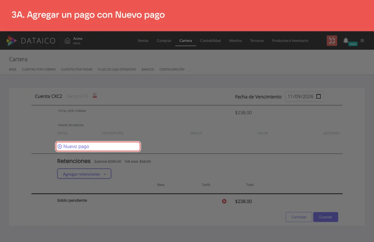 El botón Nuevo pago, debajo de la tabla de pagos recibidos