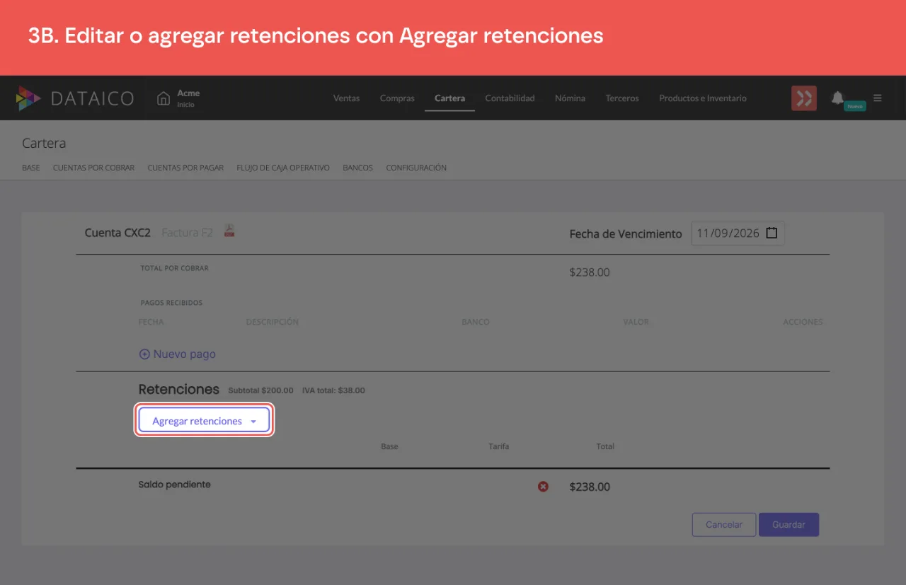 El selector Agregar retenciones, en el bloque de retenciones de la cuenta