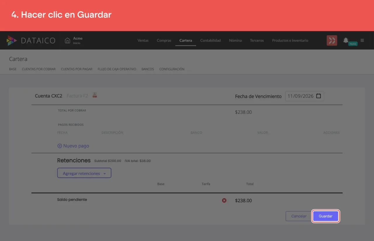 El botón Guardar, al pie del detalle de la cuenta