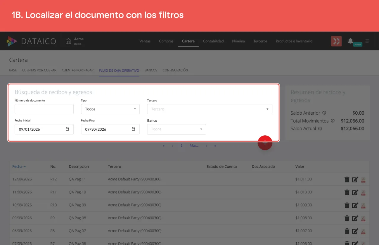 El panel de filtros, con número de documento, tipo, tercero, banco y el rango de fechas