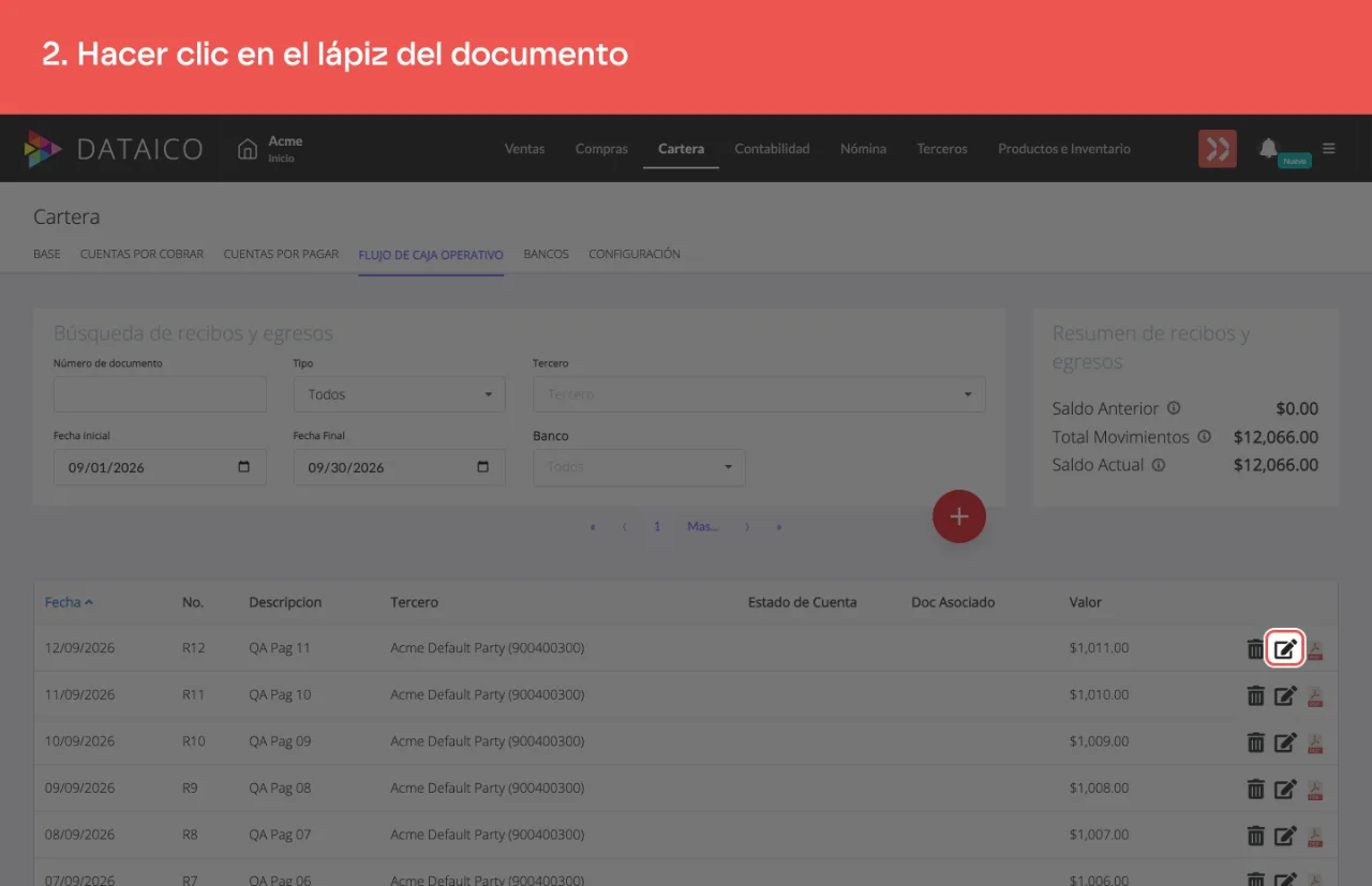 El ícono de lápiz de la primera fila del listado de movimientos