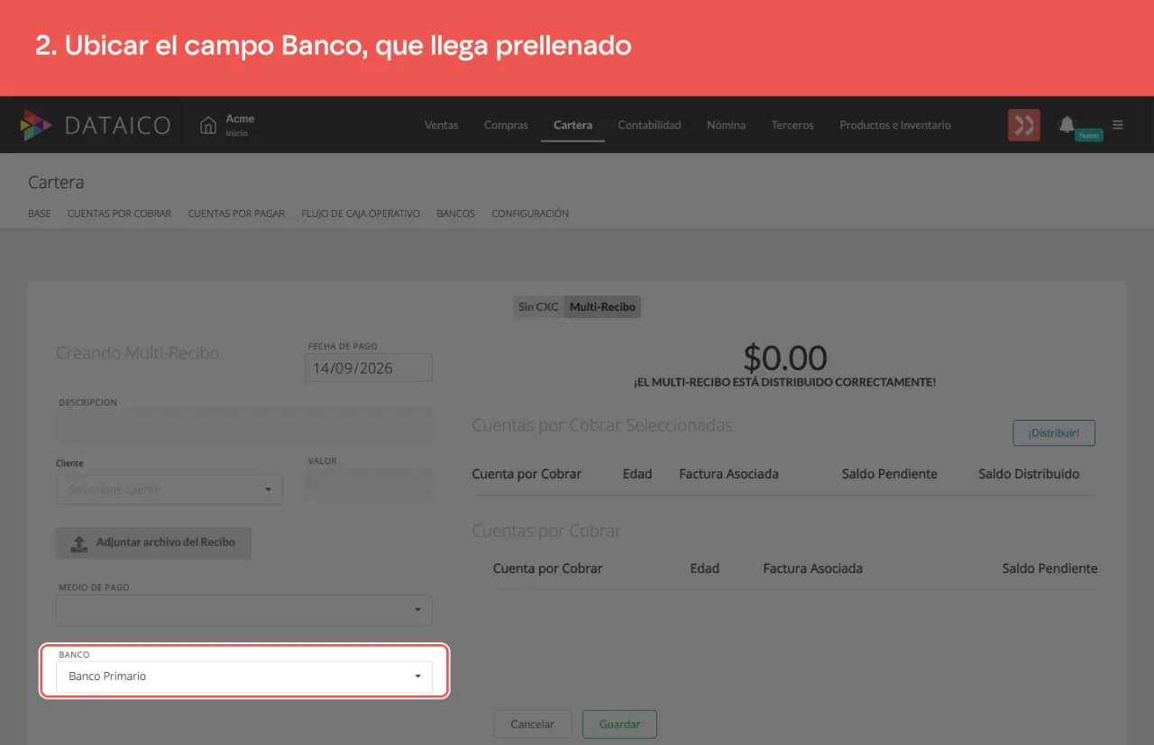 El campo Banco del formulario, con el banco predeterminado de la empresa ya puesto