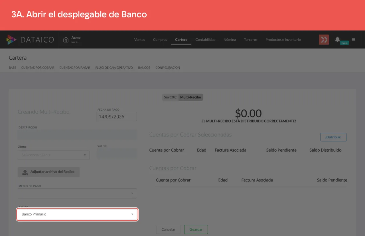 El desplegable del campo Banco, cerrado, antes de abrirlo
