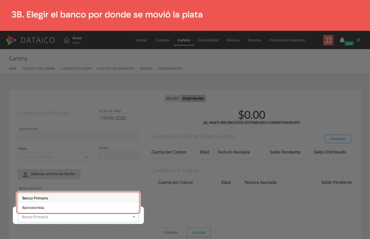 La lista desplegada con los bancos de la empresa