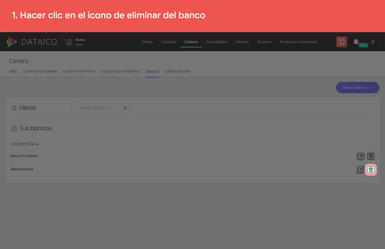 El ícono de basurero de un banco que sí se puede eliminar, al lado del lápiz de edición