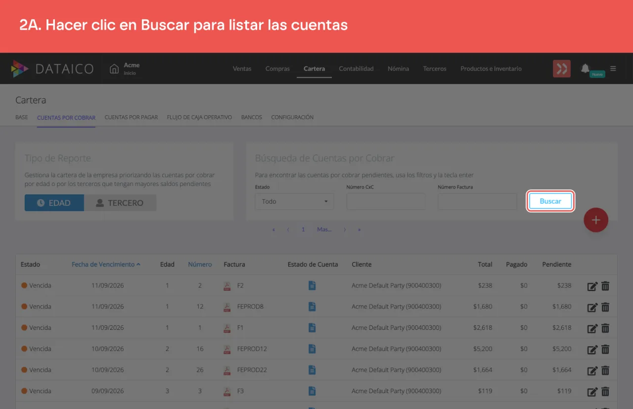 El botón Buscar del panel de filtros, que aplica los filtros al listado de cuentas
