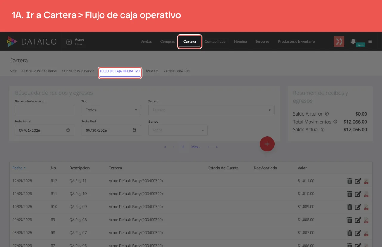 La pestaña Cartera del menú principal y, dentro, la subpestaña Flujo de caja operativo