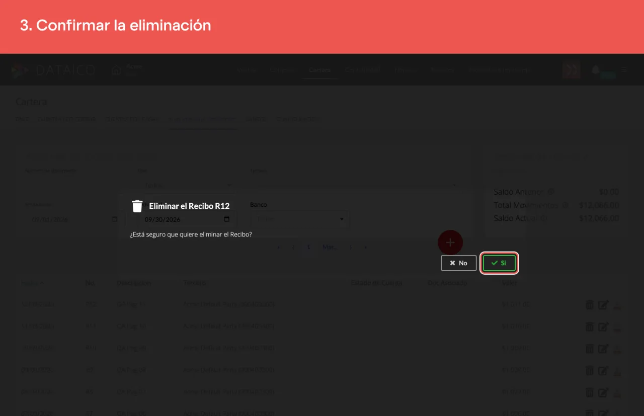 El aviso de confirmación de la eliminación, que es definitiva y arrastra el asiento contable del documento