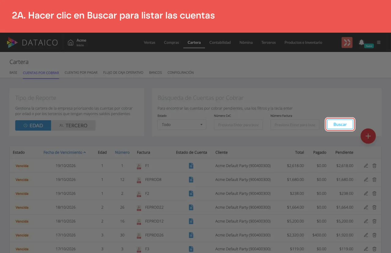 El botón Buscar del panel de filtros, que aplica los filtros al listado de cuentas