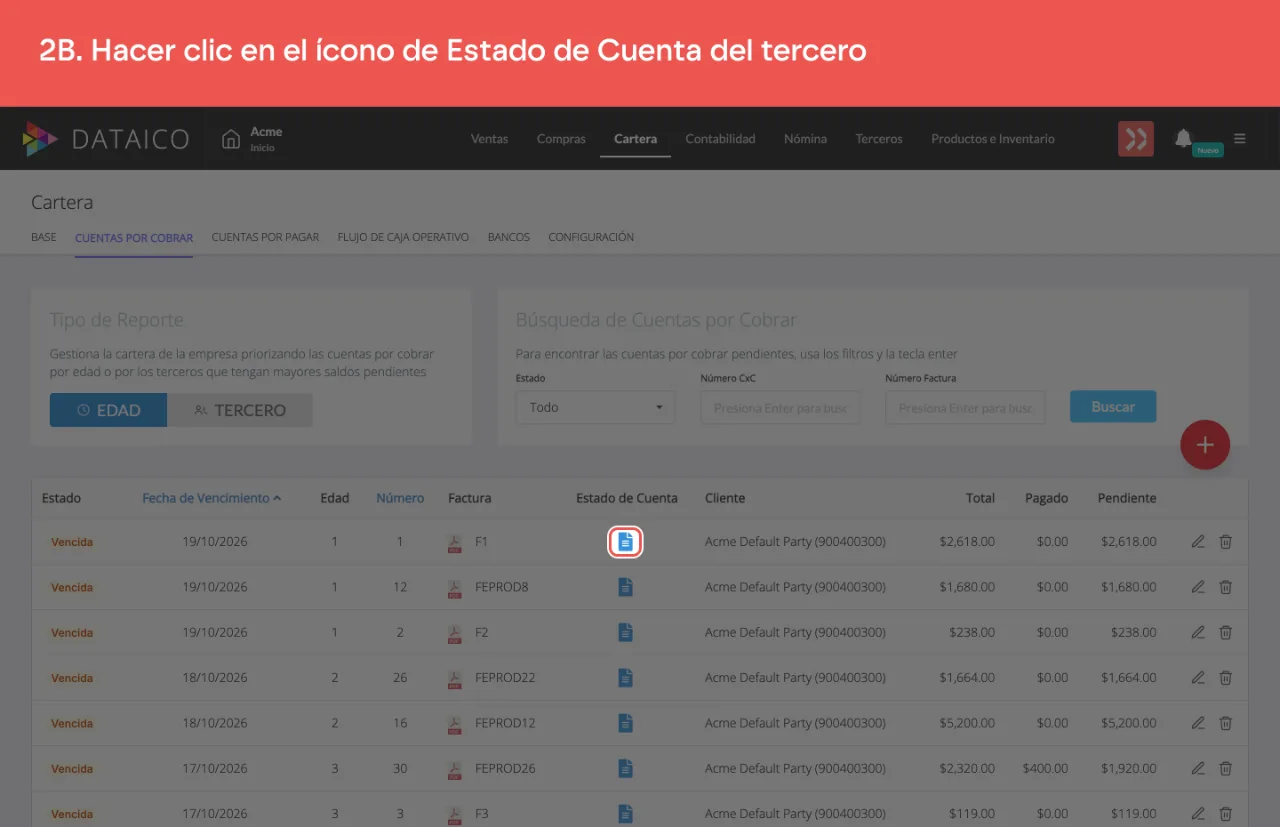 El ícono de estado de cuenta en la columna Estado de Cuenta, a la izquierda del nombre del cliente