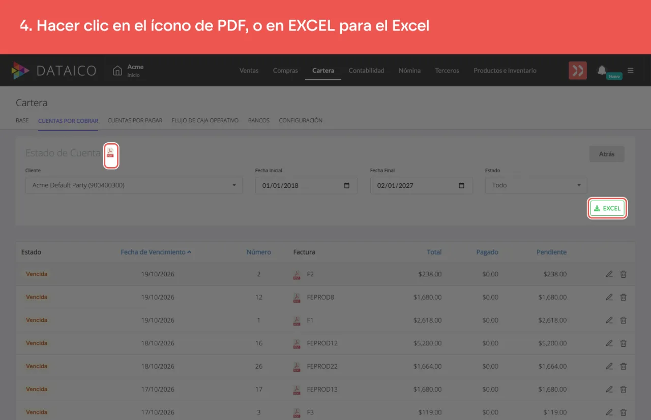 El ícono de PDF, al lado del título Estado de Cuenta, y el botón EXCEL, debajo de los filtros
