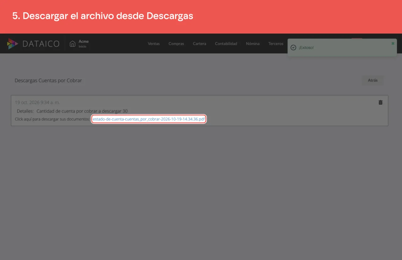 La pantalla de Descargas con el estado de cuenta generado y el enlace para descargarlo