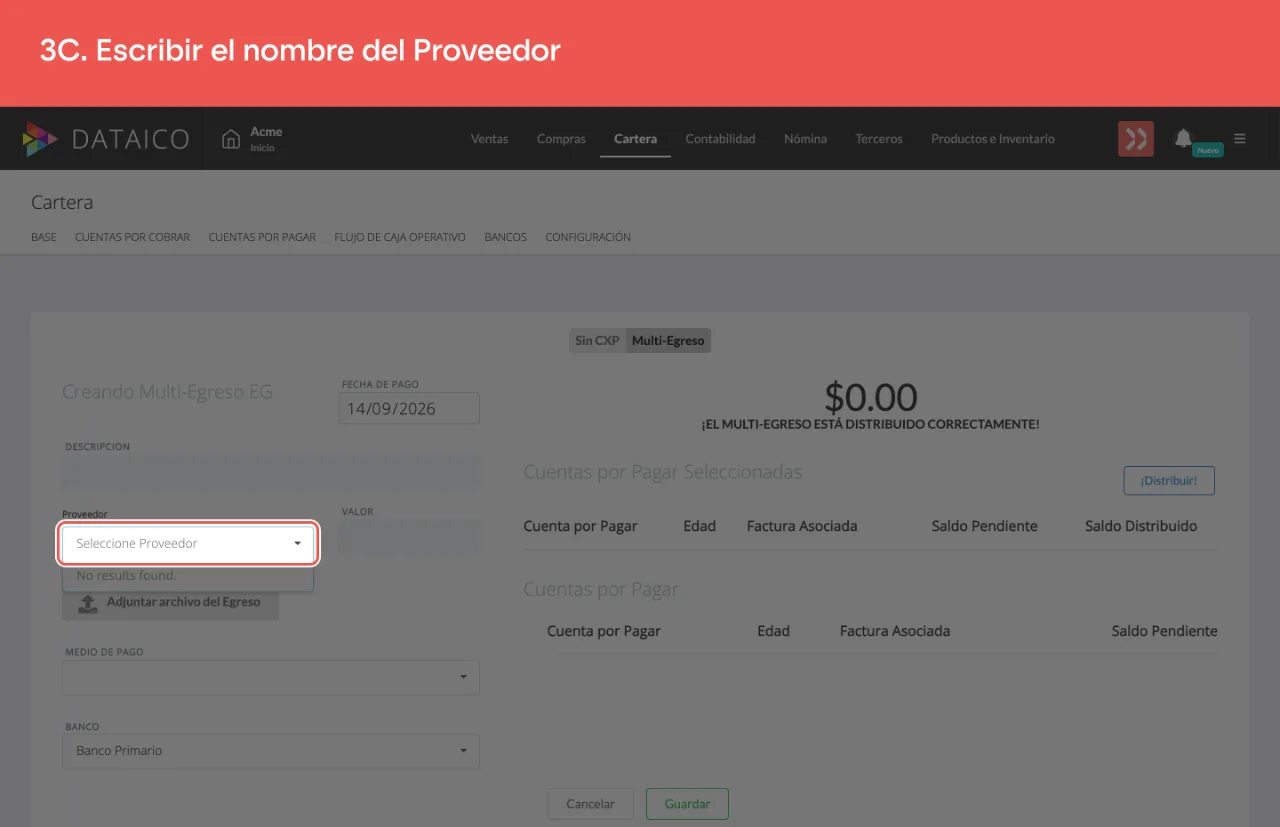 El campo Proveedor: la lista de terceros se arma con lo que se escribe
