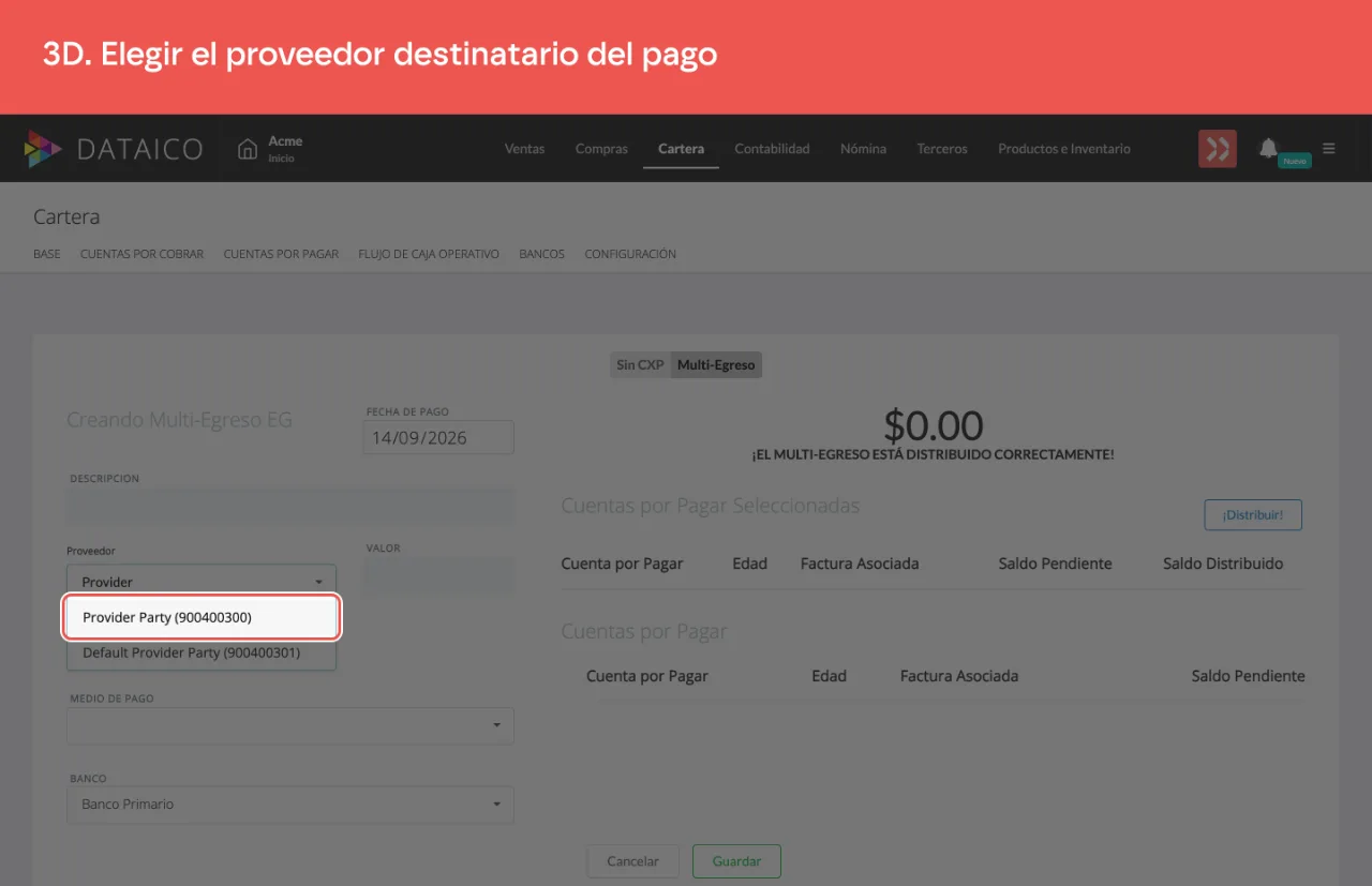 El proveedor elegido en la lista de terceros