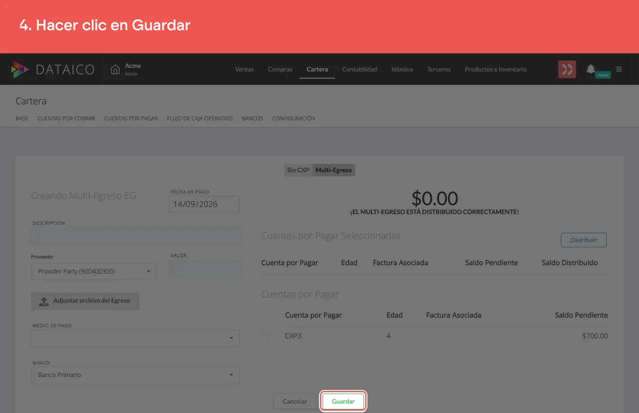 El botón Guardar, al pie del formulario del multi-egreso