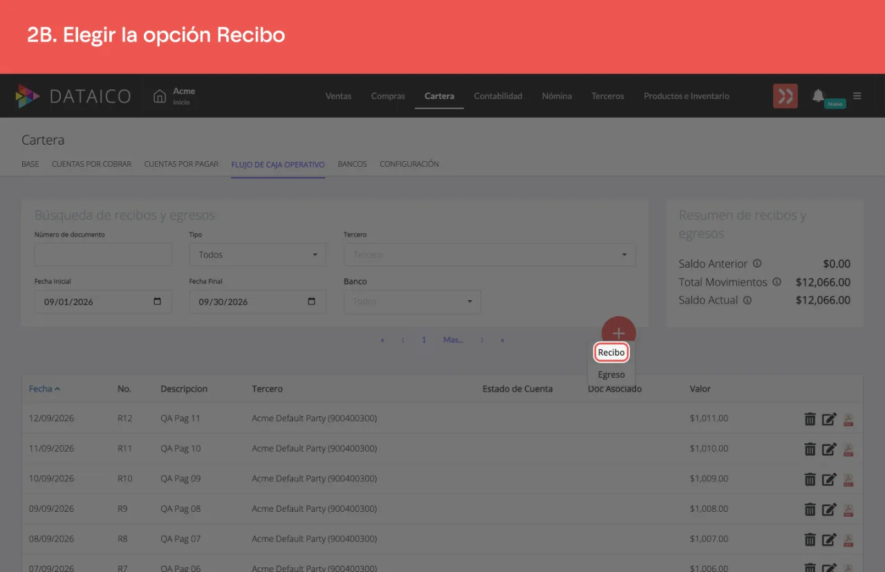 La opción Recibo del menú que abre el botón más, sobre la opción Egreso