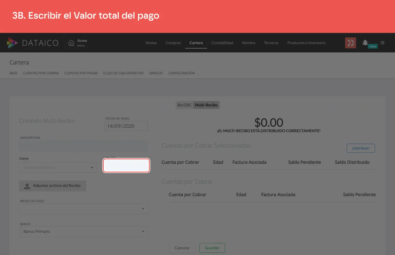 El campo Valor con el monto total que se va a distribuir entre las facturas