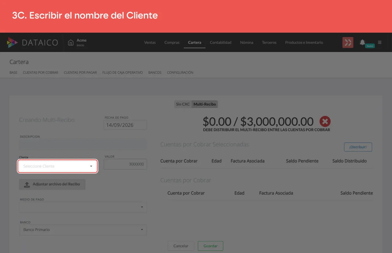 El campo Cliente: la lista de terceros se arma con lo que se escribe