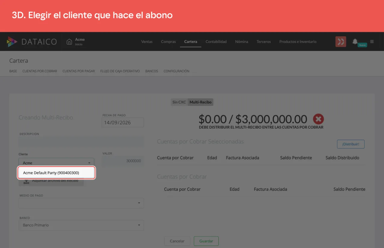 El cliente elegido en la lista: al seleccionarlo aparecen sus cuentas por cobrar vigentes