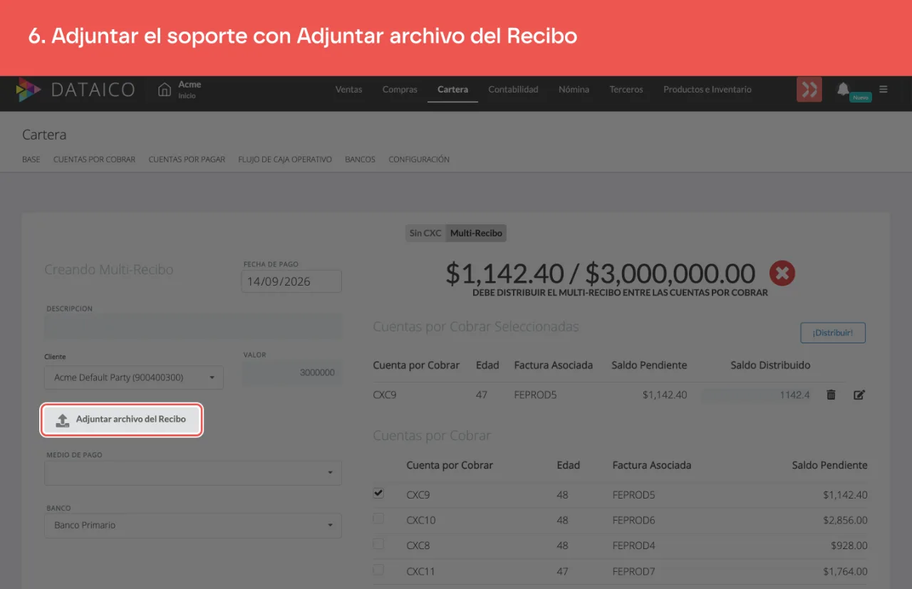 El botón Adjuntar archivo del Recibo, para subir el soporte del pago en PDF o imagen