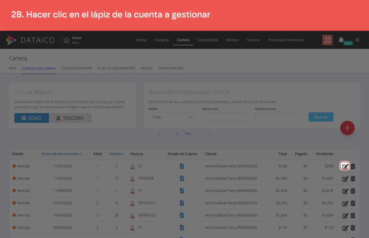 El ícono de lápiz de la primera fila, a la derecha del registro