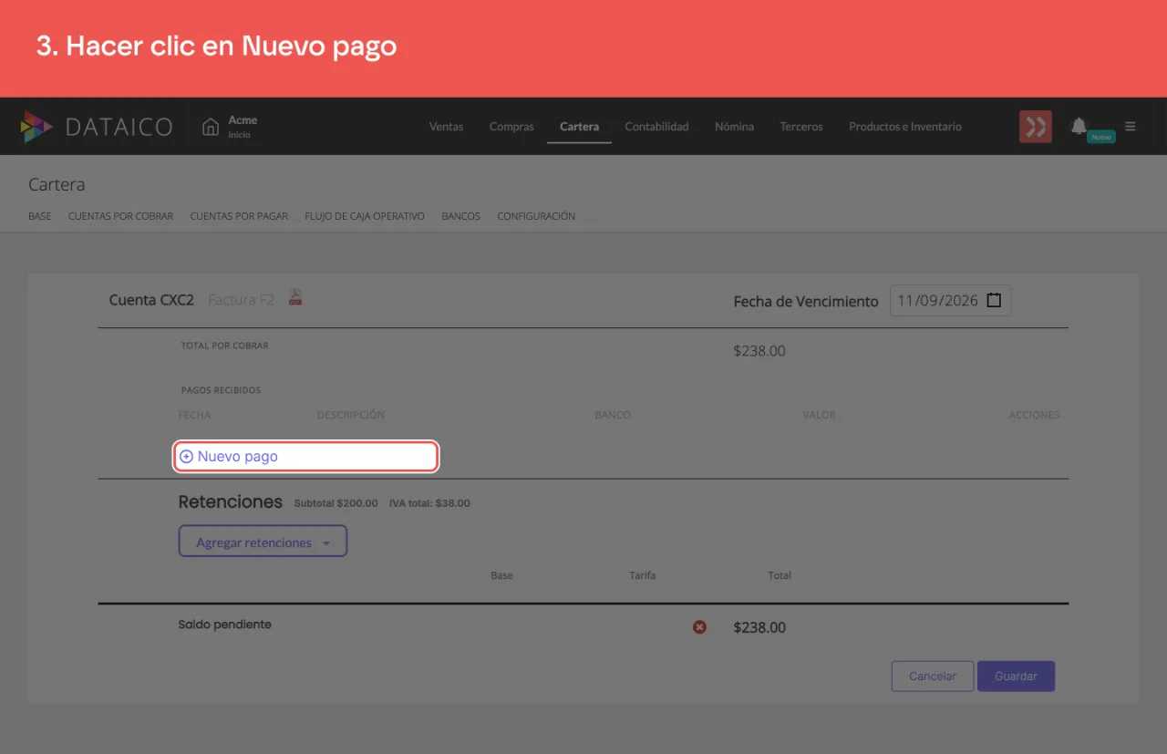 El botón Nuevo pago, debajo de la tabla de pagos recibidos de la cuenta