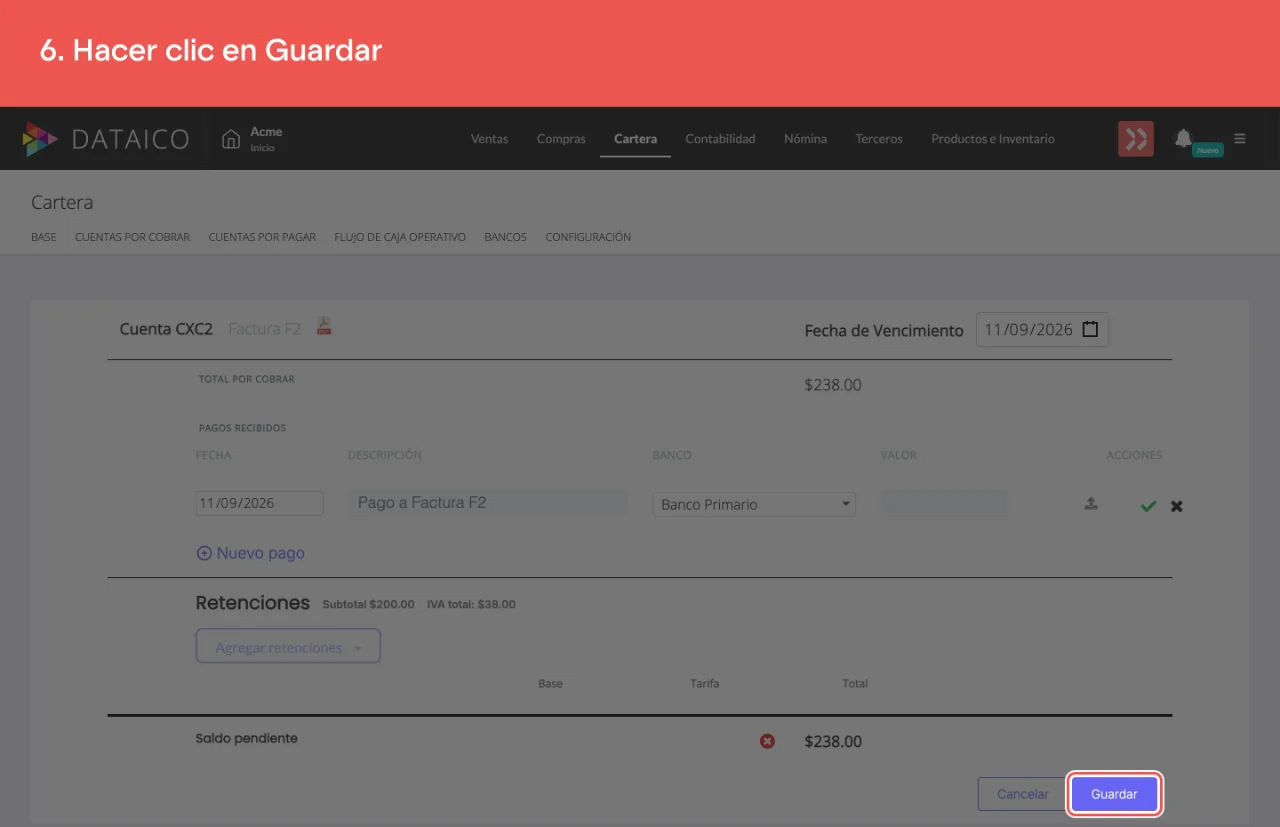 El botón Guardar, al pie del detalle de la cuenta