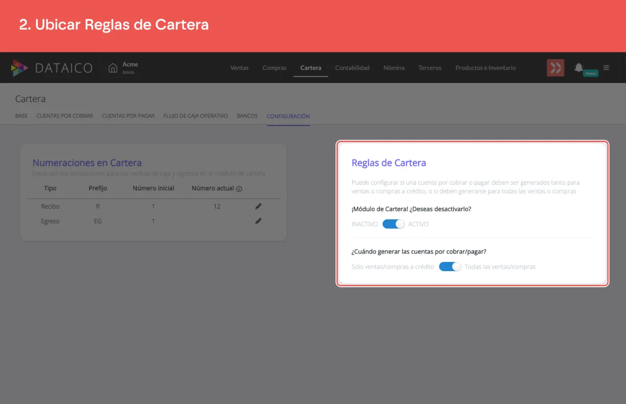 La sección Reglas de Cartera, a la derecha de la pantalla de configuración