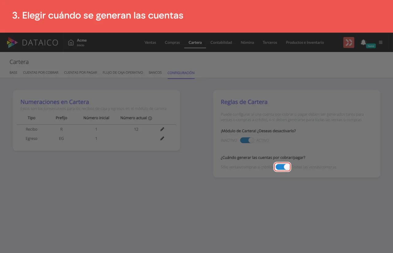 El interruptor entre Sólo ventas/compras a crédito y Todas las ventas/compras