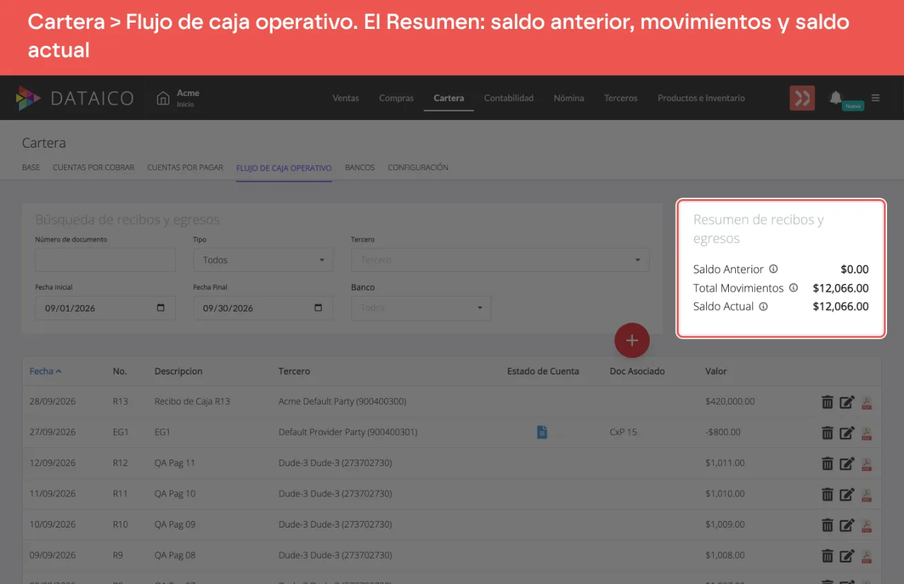 El panel Resumen de recibos y egresos del Flujo de caja operativo, con el Saldo Anterior, el Total Movimientos y el Saldo Actual