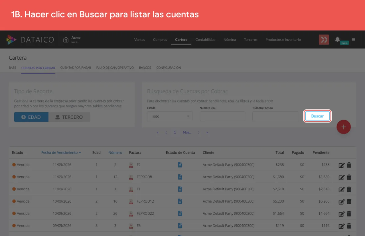 El botón Buscar del panel de filtros: el listado arranca vacío y se llena al buscar