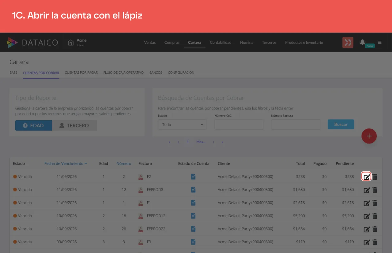 El ícono de lápiz de la primera fila, que abre el detalle de la cuenta