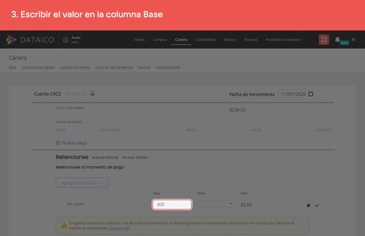 El campo Base de la fila de retención, donde se escribe el valor sobre el que se calcula