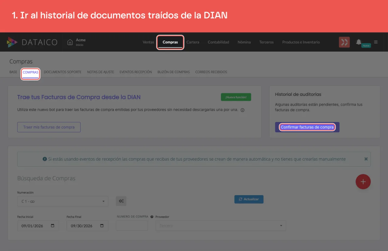 La tarjeta de facturas pendientes del módulo Compras, que abre el historial