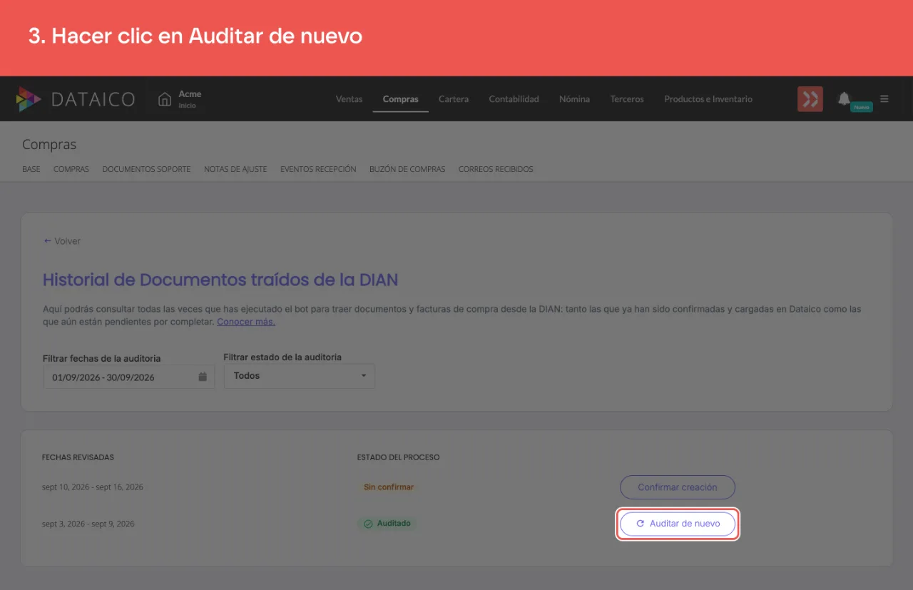 El botón Auditar de nuevo, en la fila del período auditado