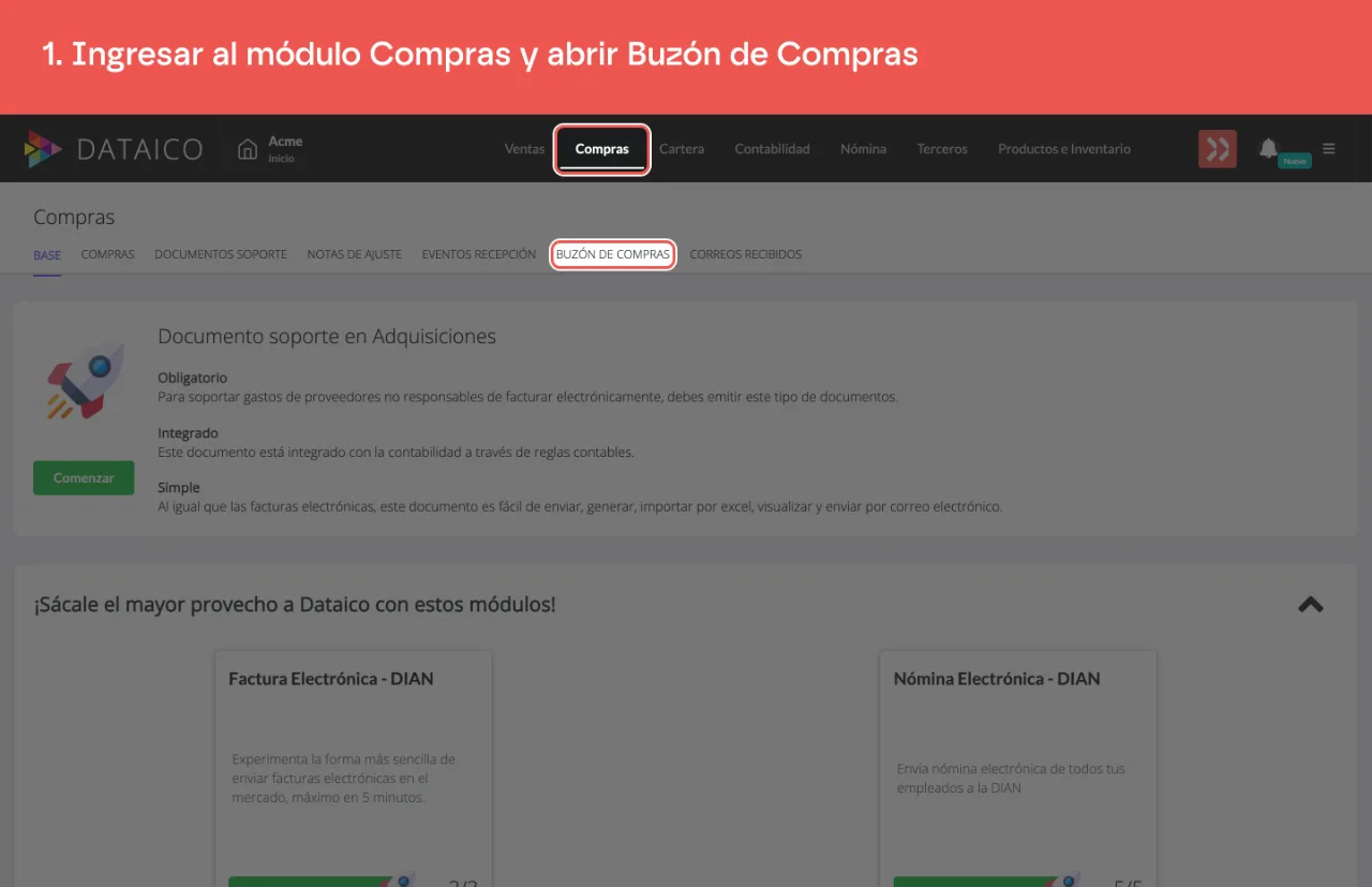 La pestaña Compras del menú principal y la pestaña Buzón de Compras