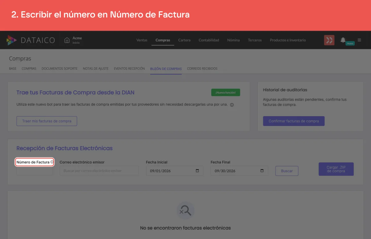 El campo Número de Factura del buzón, y al lado el de correo del emisor