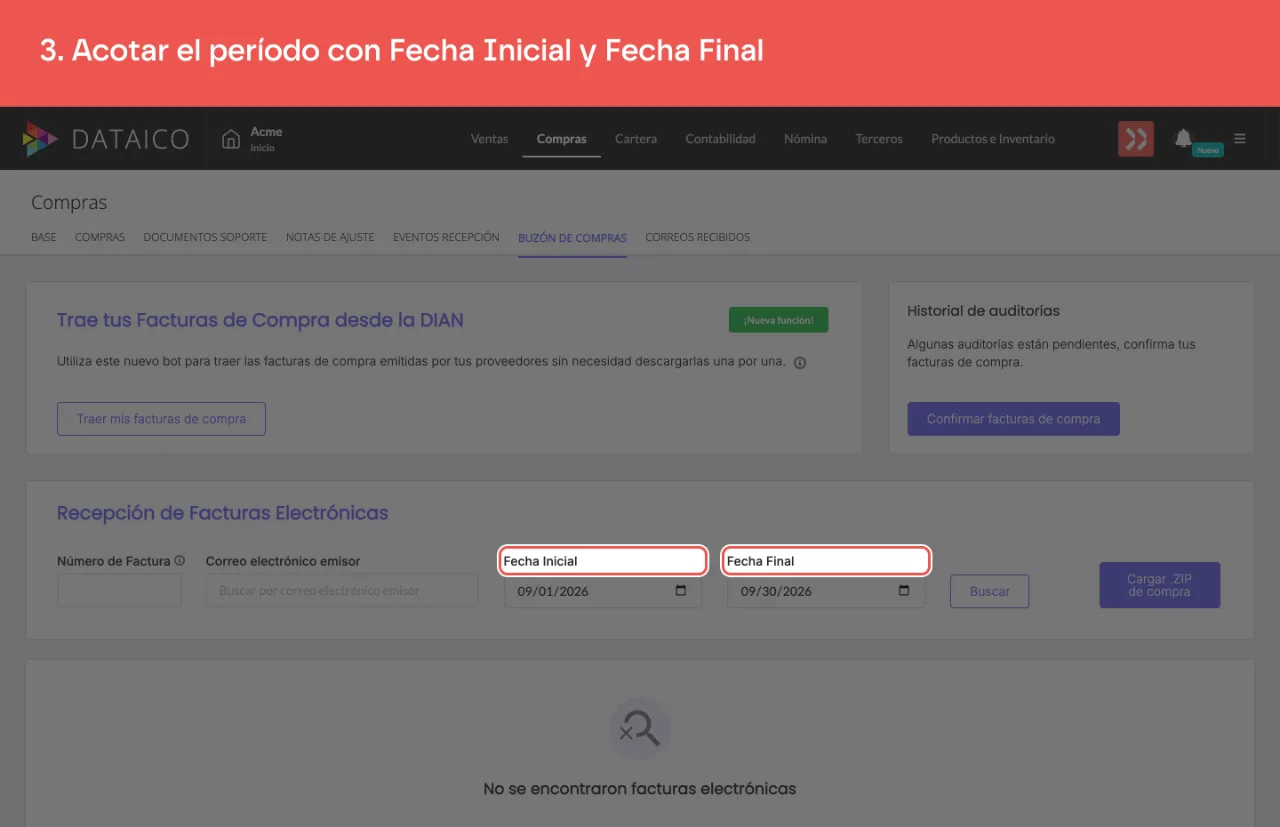 Los campos de fecha inicial y fecha final del buzón