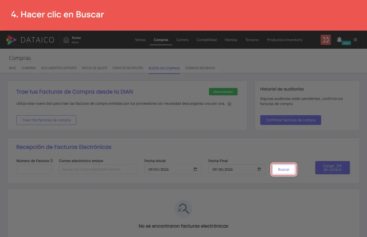 El botón Buscar del buzón de compras