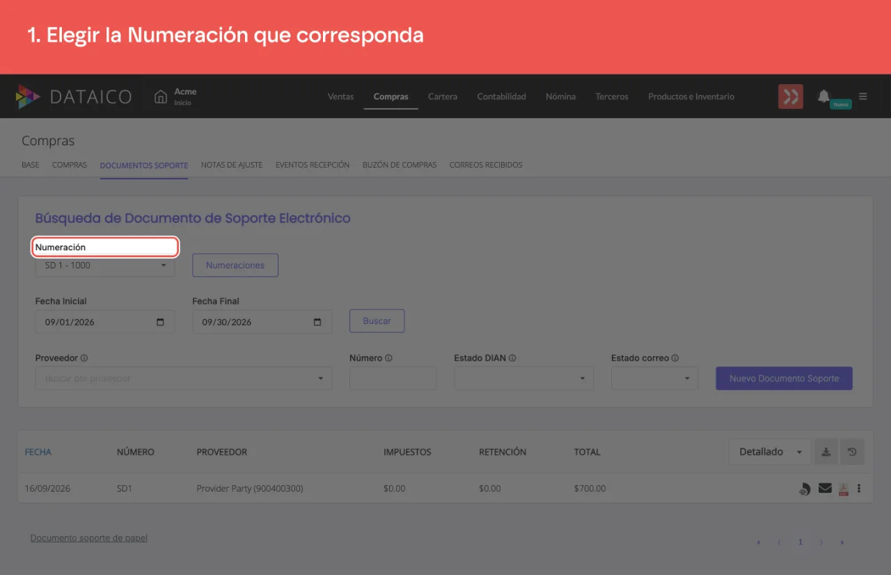 El selector de numeración del listado de documentos soporte