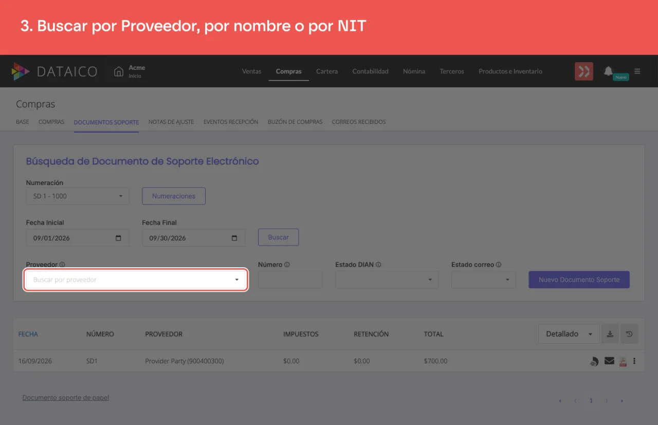 El campo de proveedor, que busca por nombre o por NIT